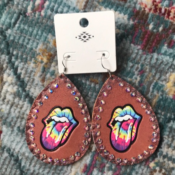 Rolling Stones Tie Dye Brown Faux Leather Earrings - Picture 5 of 5